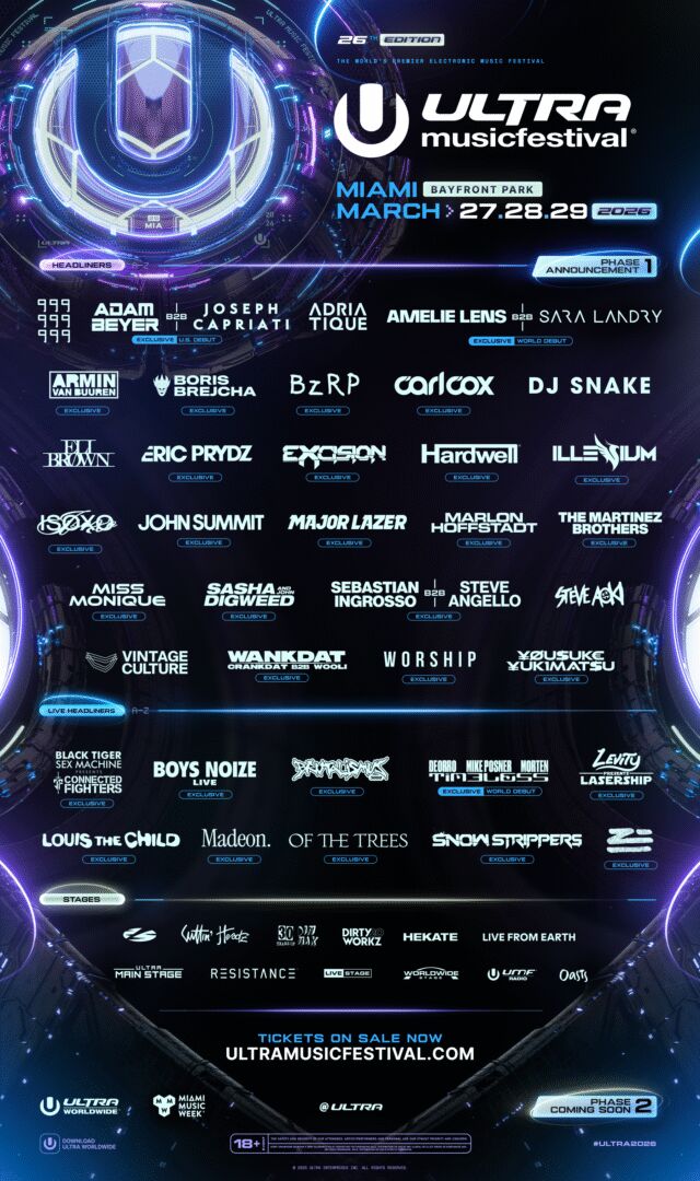 Ultra Music Festival 2026 unveils Phase 1 lineup: Amelie Lens b2b Sara Landry, Sebastian Ingrosso b2b Steve Angello, WORSHIP, DJ Snake & more | UFO Network Ultra Miami 2026